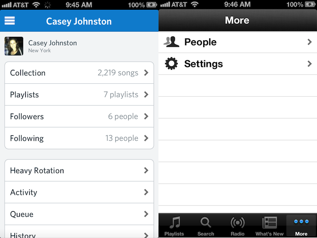 Rdio flows more social functionality into its app than does Spotify.