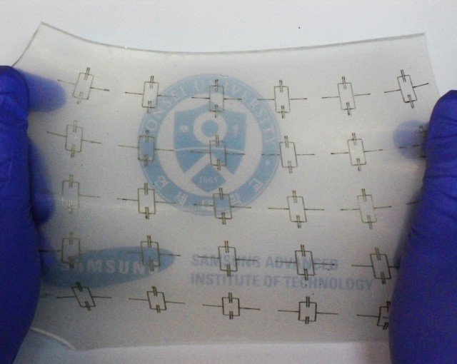 Elastic electric circuits made from silver nanoparticles printed onto elastic fibers. 