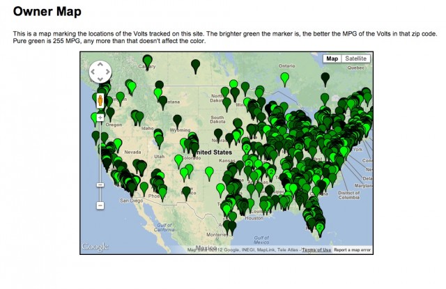 Volt Stats' owner map, showing the geographic distribution of Volt vehicles and their relative energy efficiency.