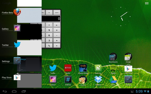 The old 10-inch tablet user interface in Android 4.1, as seen on the Motorola Xoom. Note the application switcher on the left side of the screen.