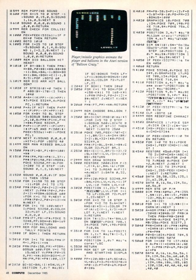 A full page of BASIC code from a mid-1980s COMPUTE!