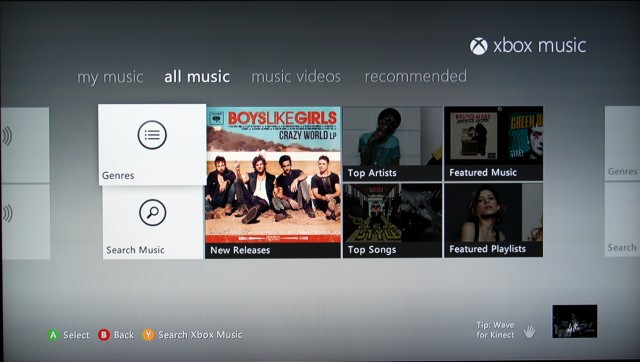 Xbox Music start page immediately defaults to the user's music.