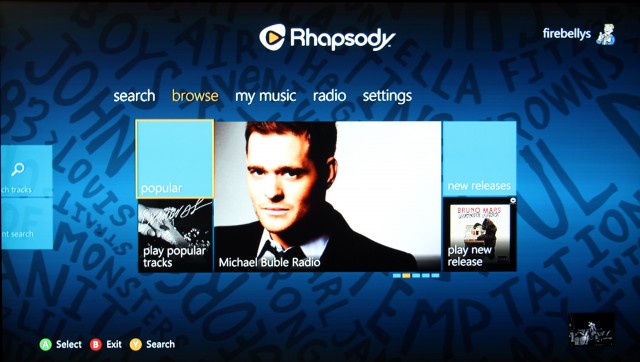 The Rhapsody start page features links to newly released music and popular hits.