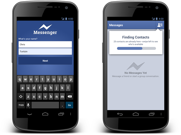 Screenshots of the soon-to-be status quo Android Messenger app from Facebook. 