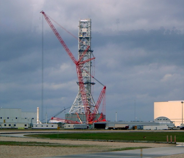 Crews working on an Ares launch tower in February 2010 at the Kennedy Space Center, even after Constellation had been informally cancelled. This would eventually become Mobile Launcher-1.
