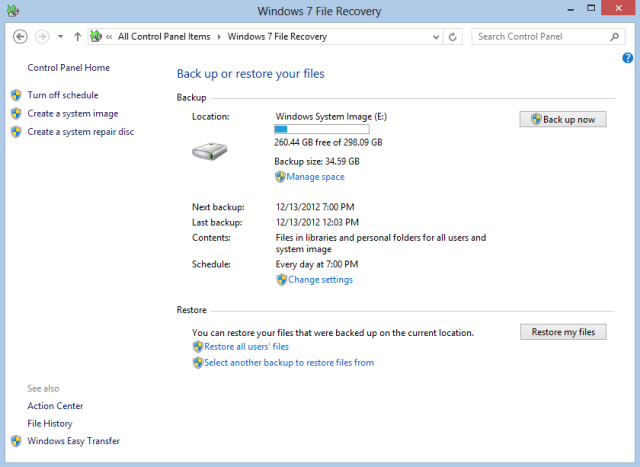 Regularly scheduled system images <em>and </em>file backup can only be done through Windows 7 File Recovery.