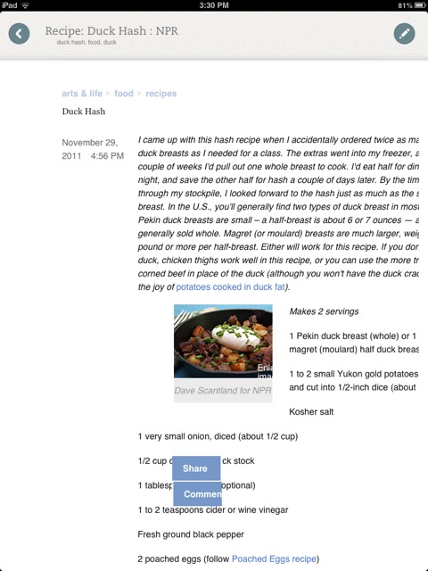 A recipe I clipped from NPR's website on the Web, imported into Evernote Food.