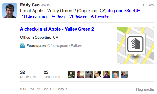 Apple's Eddy Cue checking into Apple's HQ via Foursquare. Who knew this would be so exciting on the Internet?