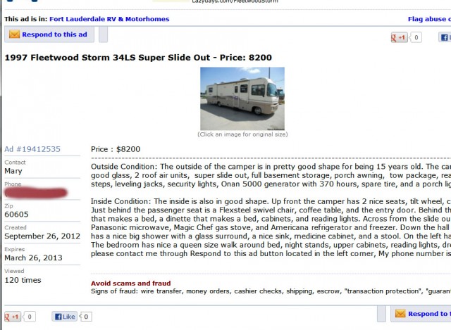 An ad for a Fleetwood Storm motor home found Wednesday on classifieds.com. It appears eerily similar to an ad detailed in a federal complaint charging participants of a fraud ring alleged to have netted $3 million.