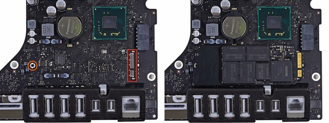 Detail of traces for the proprietary SSD connector (left), with a retina 13-inch MacBook Pro's stick-style SSD placed atop (right). The connector itself is absent in the base 21.5-inch iMac.