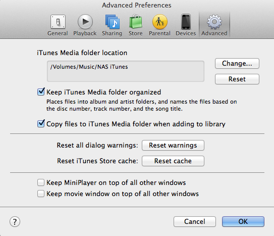 Specifying a network location for iTunes.