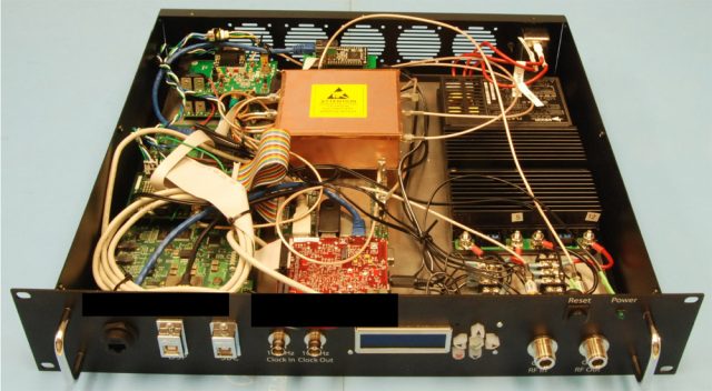 The phase-coherent signal synthesizer with its top cover removed. The $2,500 device can be used to severely disrupt mission-critical GPS equipment used by the military and private industry.