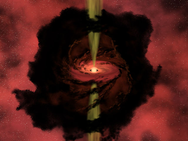 Artist's impression of a protostar, with its jets of outflowing matter, protoplanetary disk, and envelope of gas and dust.