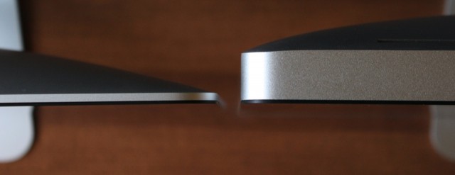 The 2012 iMac (left) is drastically thinner and eight pounds lighter than the previous design (right).