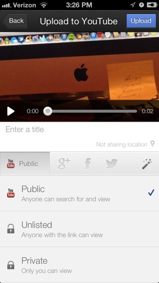 The app lets you change your privacy settings for videos uploaded to YouTube or Google Plus, but not Facebook.