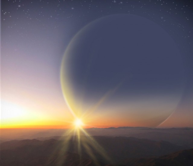 An artist's rendering of what star-rise might look like from the surface of a moon orbiting the giant planet PH2 b.
