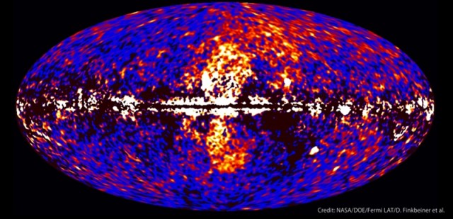 Fermi gamma ray image of the huge bubbles originated at the center of the Milky Way. Follow-up radio and microwave observations revealed magnetic fields and ridgelike structures in these bubbles.