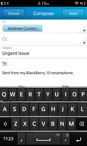 Some word suggestions for the beginning "Th" by the Z10's keyboard.