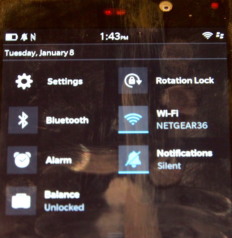 BlackBerry 10's pull-down quick settings shade acts a lot like Android 4.2's. 