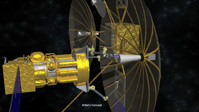 An artist's depiction of the Phoenix hardware platform going to work on the aperture of a defunct satellite.