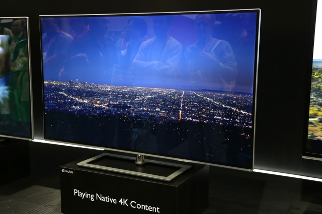 This 84-inch Toshiba Ultra HD TV plays a loop of native 4K content from a REDRAY player. With this level of detail, you can see every individual light in a skyline.