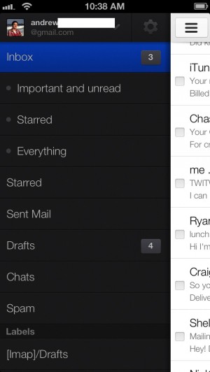 As you'll see shortly, the Gmail app employs swipe-heavy navigation and a layout very similar to the Sparrow for iOS app.