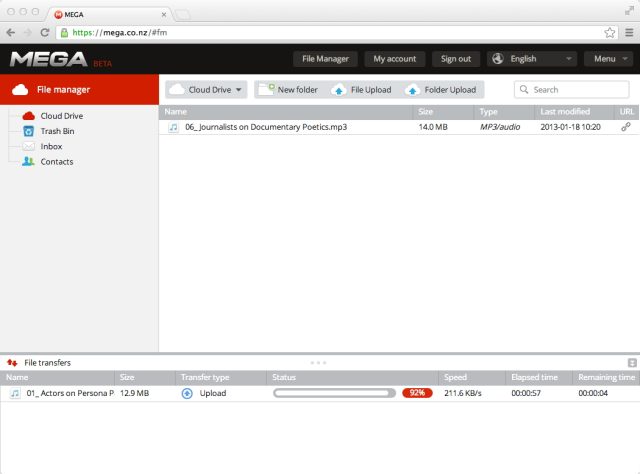 The Mega file manager in all its glory.