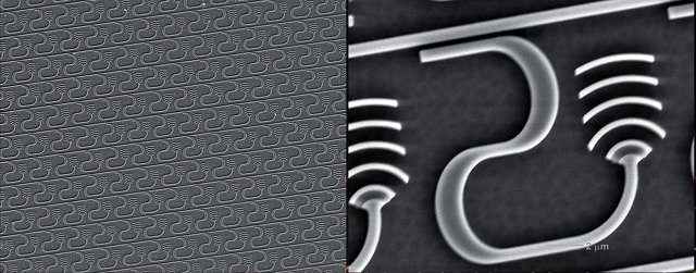Electron micrograph of a nanophotonic phased array (NPA), consisting of 4,096 antennas. The image on the right zooms in on one of these antennas, which consists of a small set of lithographed ridges and a small silicon waveguide.