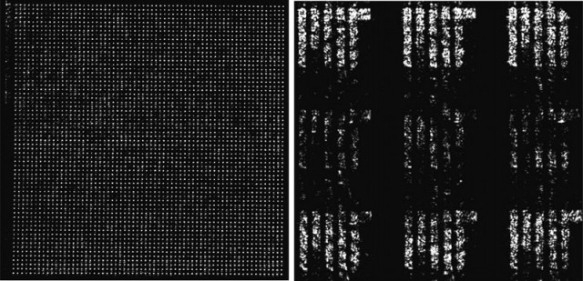 The image of the MIT logo produced from the nanophotonic phased array (NPA). The left image is light near the NPA, while the right is the far-field image, such as might be received by a distant detector.