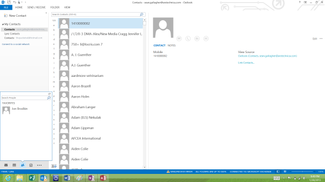 A look at Outlook's "peeks" within the contact management view.