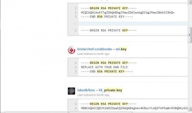 A GitHub search showing private keys in public places.
