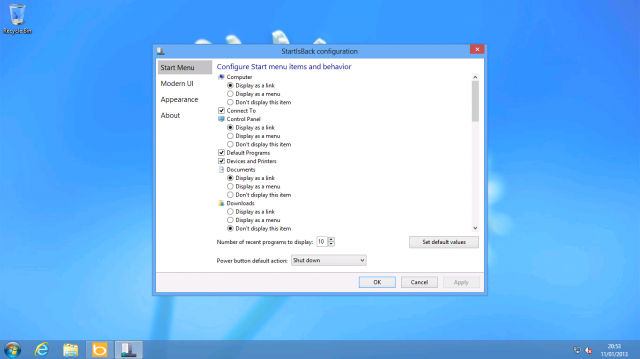 StartIsBack takes the traditional Windows 7 Start menu settings and sticks them in a window.