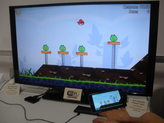 The Wi-Fi Alliance uses an LG Optimus to demonstrate Miracast, a standard that lets mobile devices stream to TVs. 