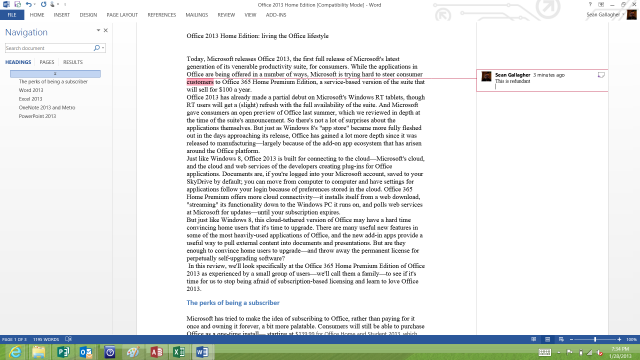 The clean, painless reader-oriented navigation view in Word 2013, with the simplified markup for comments demonstrated.