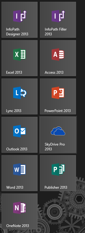 The Office 2013 Pro Plus suite, as seen from the Windows 8 Start Screen.