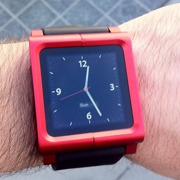 A existing iPod nano housed in a watch enclosure.