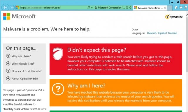 Users with computers infected by the Bamital botnet malware will see this page every time they click a search result.