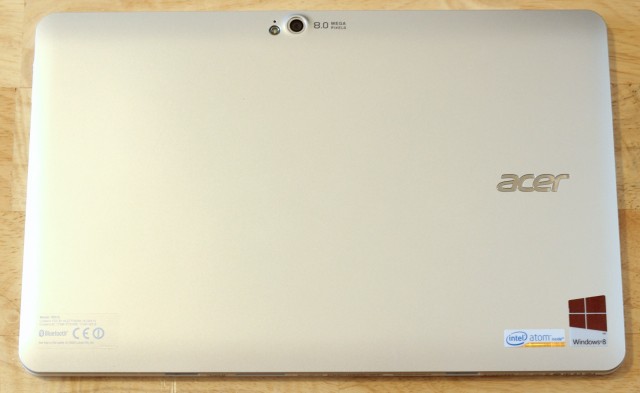 The silver plastic back of the W510, broken only by the eight megapixel camera and LED flash in the top-center of the tablet.