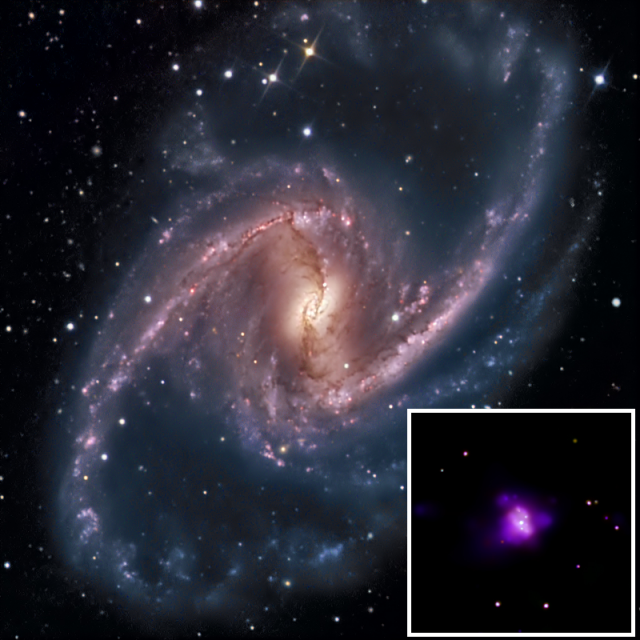 NGC 1365, the Great Barred Spiral Galaxy, in visible light and X-rays (inset). Astronomers determined the strong X-ray emissions from the black hole at the center of this galaxy are due in part to reflection off gas moving nearly at the speed of light.