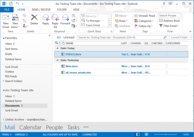 A view of a SharePoint Team site mailbox, with its shared documents, in Outlook.