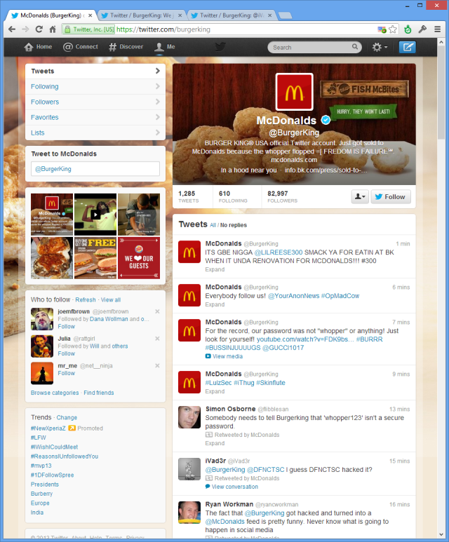 Burger King's hacked account.