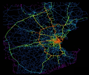 Boston-area roads. Red areas are the biggest sources of drivers. Yellow is next, then green, dark blue, and purple. 