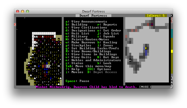 A child that the player might never have even noticed was created and born bleeds to death, many hours into a <em>Dwarf Fortress</em> playthrough.