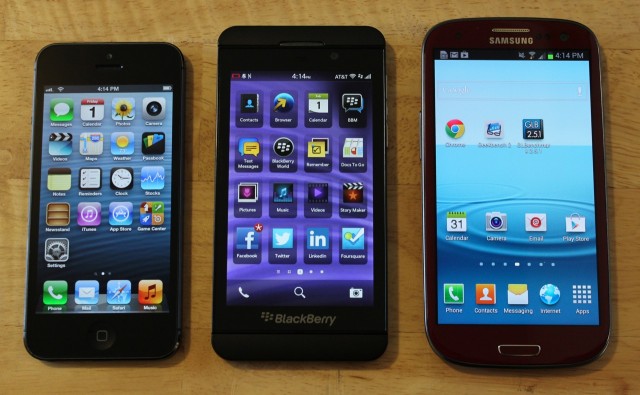 Game of phones: the iPhone 5, Z10, and Samsung Galaxy S III.