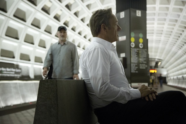 Director David Fincher works with Kevin Spacey during filming for House of Cards.