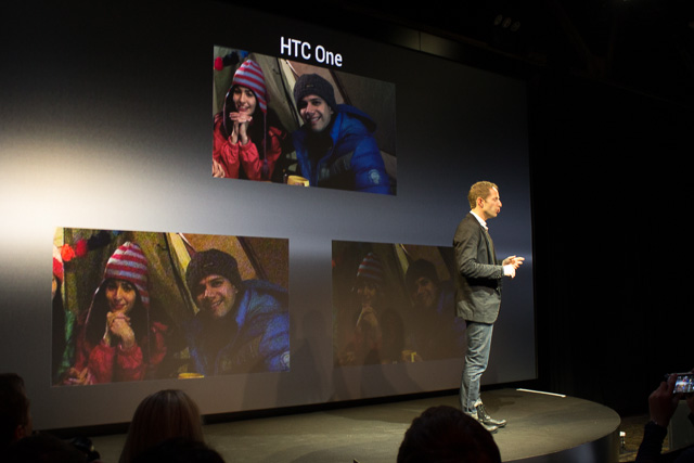 HTC displays a comparison of low-light photos taken by the new HTC One, top, and two other unnamed smartphones along the bottom. 