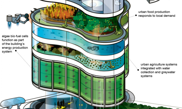 Cable cars, algae bio-fuel cells, and urban agriculture are sandwiched into just a small slice of Arup's future skyscraper.