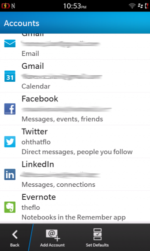 You can add various accounts to the Hub, including all of the major social networks and Evernote.