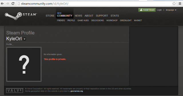 My Steam profile page, which correctly notes that my account is private.