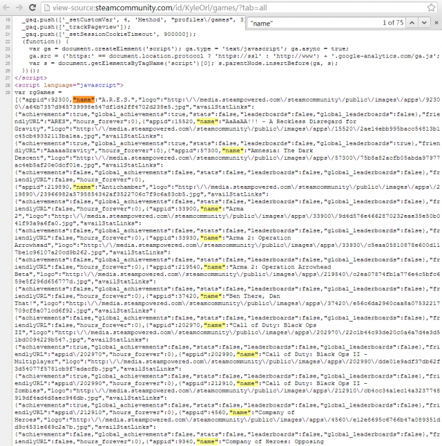 The source code for my "private" game page, as accessed before Monday, with the relevant game names highlighted.